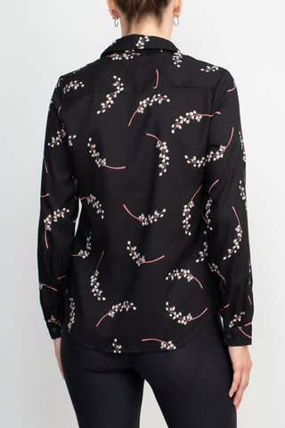 Premise Collar Neck Button Detail Long Sleeve Printed Crepe Top