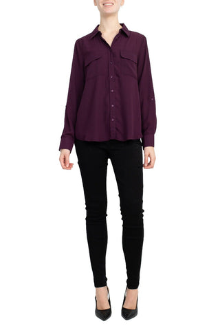 M Magaschoni Collar Neck Long Sleeves Front Button Detail Top_aubergine_Front Full View