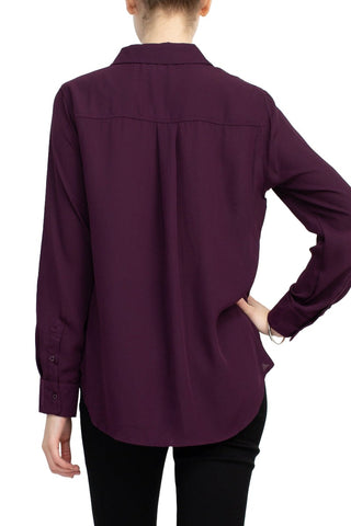 M Magaschoni Collar Neck Long Sleeves Front Button Detail Top_aubergine_Back View