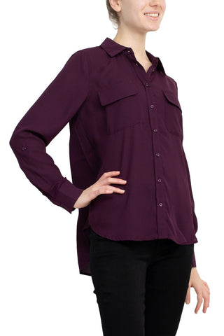 M Magaschoni Collar Neck Long Sleeves Front Button Detail Top_aubergine_Side View1
