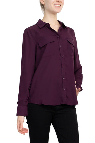 M Magaschoni Collar Neck Long Sleeves Front Button Detail Top_aubergine_SIde View