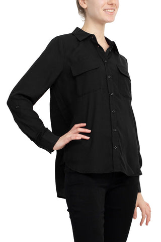 M Magaschoni Collar Neck Long Sleeves Front Button Detail Top_smokey_black_Side View1