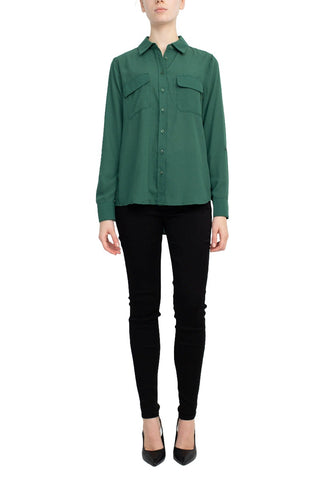 M Magaschoni Collar Neck Long Sleeves Front Button Detail Top_smokey_emerald_green_Full Front View
