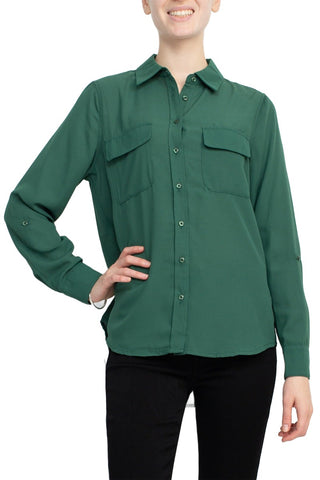M Magaschoni Collar Neck Long Sleeves Front Button Detail Top_smokey_emerald_green_Front View