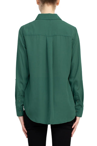 M Magaschoni Collar Neck Long Sleeves Front Button Detail Top_smokey_emerald_green_Back View