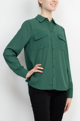 M Magaschoni Collar Neck Long Sleeves Front Button Detail Top_smokey_emerald_green_Side View