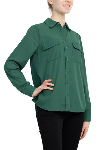 M Magaschoni Collar Neck Long Sleeves Front Button Detail Top_smokey_emerald_green_Side View