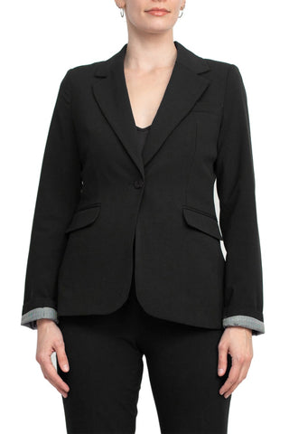 Philosophy Lapel Collar Rolled Long Sleeve Detail Single Button with Flap Pockets Woven Blazer_Black_front