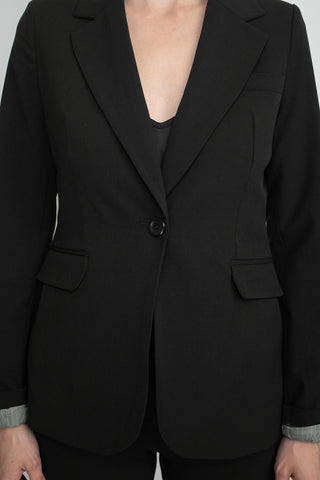 Philosophy Lapel Collar Rolled Long Sleeve Detail Single Button with Flap Pockets Woven Blazer_Black_Front  Detail