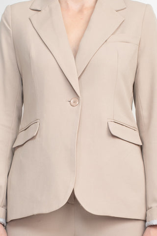 Philosophy Lapel Collar Rolled Long Sleeve Detail Single Button with Flap Pockets Woven Blazer_khaki_front detailed