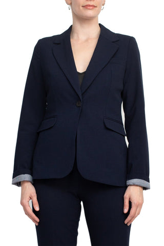 Philosophy Lapel Collar Rolled Long Sleeve Detail Single Button with Flap Pockets Woven Blazer_Midnight_front