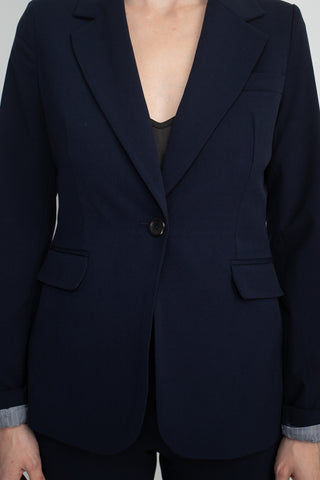 Philosophy Lapel Collar Rolled Long Sleeve Detail Single Button with Flap Pockets Woven Blazer_Midnight_Front Detailed