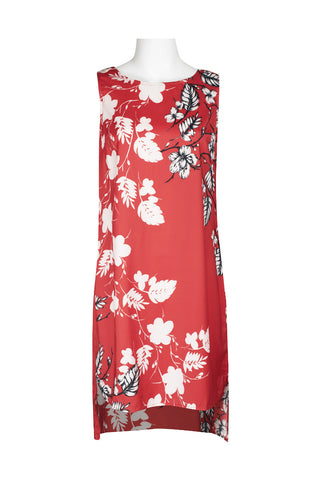 Premise Boat Neck Sleeveless Floral Print High Low Hem Charmeuse Dress_Red Ivory_Front View