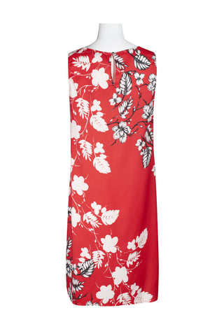 Premise Boat Neck Sleeveless Floral Print High Low Hem Charmeuse Dress_Red Ivory_Back View