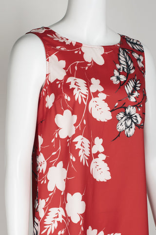 Premise Boat Neck Sleeveless Floral Print High Low Hem Charmeuse Dress_Red Ivory_Side View