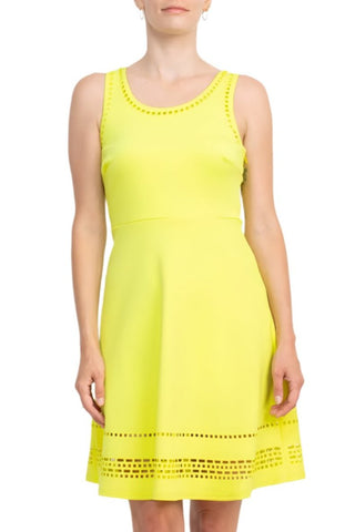 Spense Scoop Neck Sleeveless Zipper Side Solid Scuba Dress - YELLOW - Front View