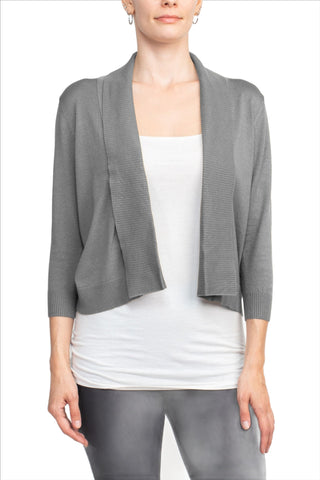 Esperanza Open Front 3/4 Sleeve Cropped Rayon Cardigan - Grey - Front
