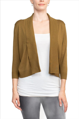 Esperanza Open Front 3/4 Sleeve Cropped Rayon Cardigan - Olive - Front