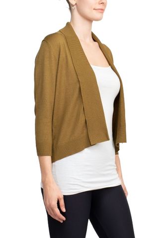 Esperanza Open Front 3/4 Sleeve Cropped Rayon Cardigan - Olive - Side