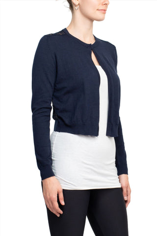 Luxxe Lane Crew Neck Long Sleeve Lace Back Hook Closure Knit Cardigan_Navy_side View