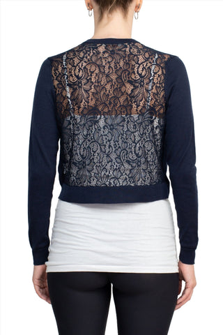 Luxxe Lane Crew Neck Long Sleeve Lace Back Hook Closure Knit Cardigan_Navy_back View