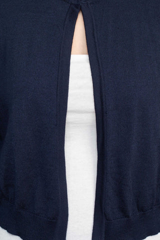 Luxxe Lane Crew Neck Long Sleeve Lace Back Hook Closure Knit Cardigan_Navy_Front detailed View