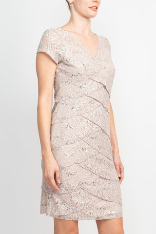 Scarlett V-Neck Short Sleeve Sequined Embroidered Tiered Zipper Side Mesh Dress