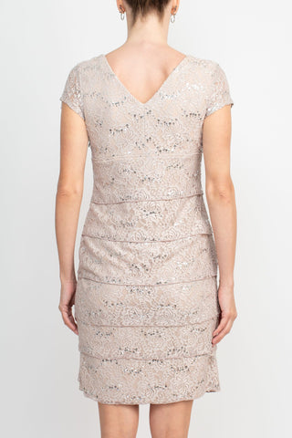 Scarlett V-Neck Short Sleeve Sequined Embroidered Tiered Zipper Side Mesh Dress
