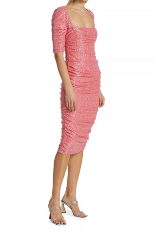 Badgley Mischka Square Neck Elbow Sleeve Zipper Closure Ruched Sequined Dress_ROSE_side