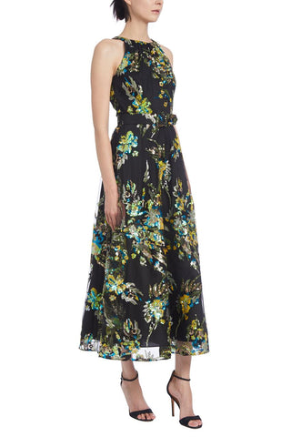 Badgley Mischka Pleated Halter Neck Belted Floral Embroidered Sequined Tulle Dress_BLACK MULTI_Side