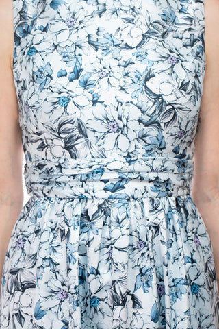 Badgley Mischka bateau neck sleeveless cutout back ruffled hem A-line floral print jacquard dress