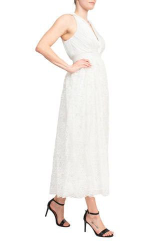 Badgley Mischka Crepon-paneled Guipure Lace Midi Shirt Dress - White - Side View