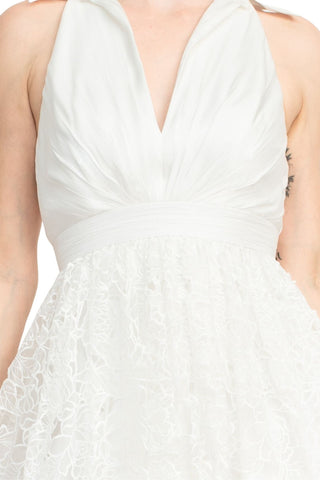 Badgley Mischka Crepon-paneled Guipure Lace Midi Shirt Dress - White - Front View