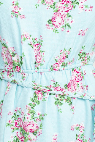 Sage Collective Crew Neck Short Sleeve Tie Waist Keyhole Back Floral Print Crepe Dress - Blue Multi - Fabric