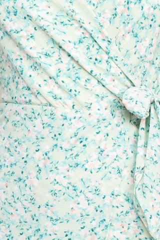 Sage Collective V-Neck Mock Wrap Tie Side Short Sleeve Zipper Back Floral Print Crepe Dress