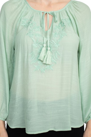 Zac & Rachel Crew Neck Tie Neck Long Sleeve Solid Rayon Blouse - Frosty Green - Fabric