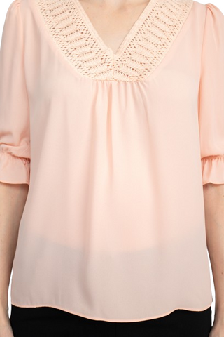 Zac & Rachel Lace V-Neck 3/4 Sleeve Solid Crepe Top - Dusty - Fabric