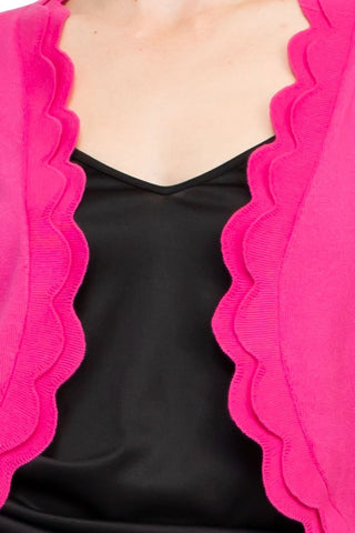Zac & Rachel 3/4 Sleeve Open Faced Shrug with Tiered Scallop Details - Hot Pink - Detail