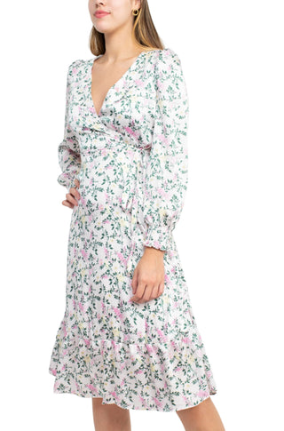 Sage Collective V-Neck Tie Side Long Sleeve Ruffled Cuff And Sleeve Floral Print Satin Dress - FLORAL - Side 