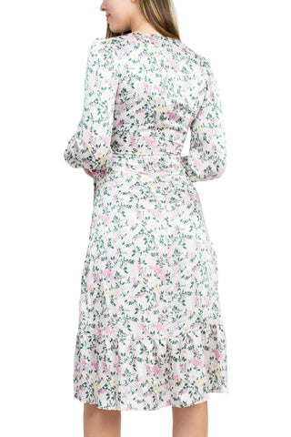 Sage Collective V-Neck Tie Side Long Sleeve Ruffled Cuff And Sleeve Floral Print Satin Dress - FLORAL - Back 