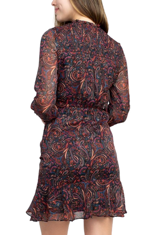 Sage Collective V-Neck 3/4 Sleeve Tie Waist Paisley Print Ruffled Hem Lurex Chiffon Dress - Multi - Back