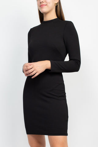 Sage Collective Crew Neck Long Sleeve Bodycon Cutout Zipper Back Solid Clipped Chiffon Dress_Black_Side View