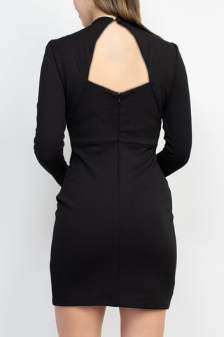 Sage Collective Crew Neck Long Sleeve Bodycon Cutout Zipper Back Solid Clipped Chiffon Dress_Black_Back View