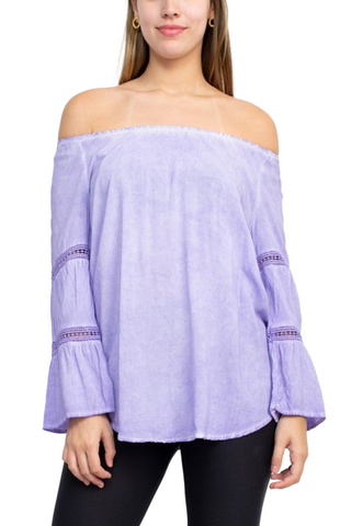 Floral + Ivy Off Shoulder Tiered Long Sleeve Rayon Peasant Top - Lavender - Front