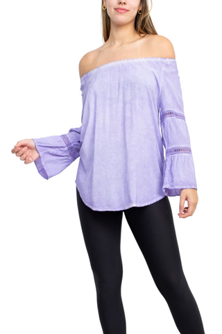 Floral + Ivy Off Shoulder Tiered Long Sleeve Rayon Peasant Top - Lavender - Hand