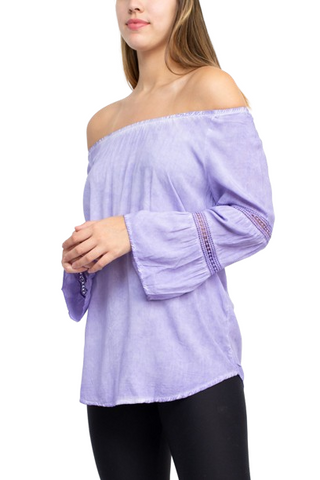 Floral + Ivy Off Shoulder Tiered Long Sleeve Rayon Peasant Top - Lavender - side