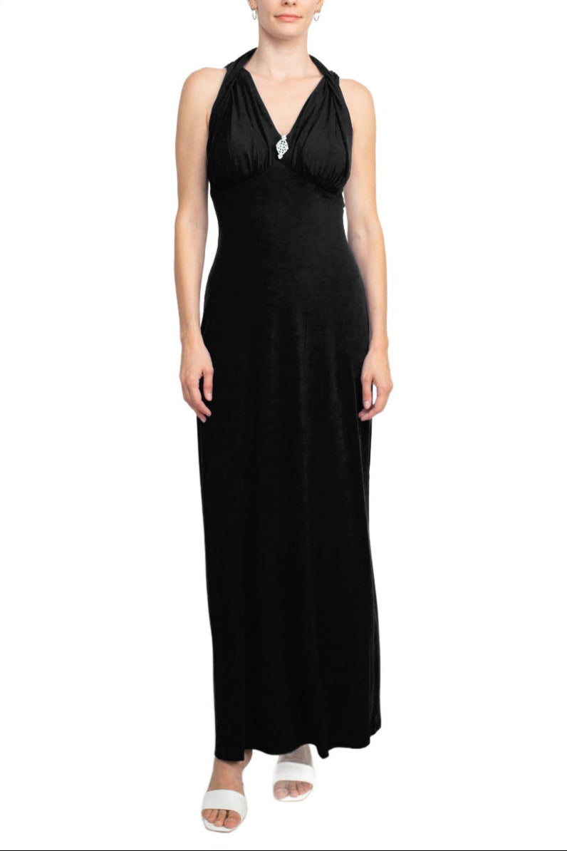 Connected Apparel Crossed Neck Sleeveless Jewelry Front Detail Ruched Empire Waist Solid Jersey Dress | Available at Curated Brands in Los Angeles Connected Apparel Crossed Neck Sleeveless Jewelry Front Detail Ruched Empire Waist Solid Jersey Dress | Available at Curated Brands in Los Angeles