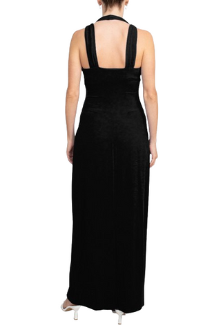 Connected Apparel Crossed Neck Sleeveless Jewelry Front Detail Ruched Empire Waist Solid Jersey Dress - Black - Back