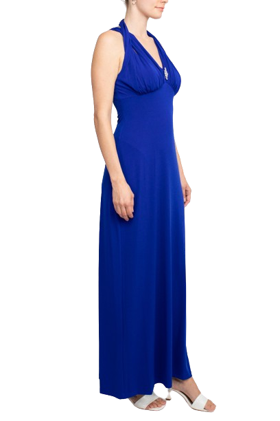 Connected Apparel Crossed Neck Sleeveless Jewelry Front Detail Ruched Empire Waist Solid Jersey Dress | Available at Curated Brands in Los Angeles Connected Apparel Crossed Neck Sleeveless Jewelry Front Detail Ruched Empire Waist Solid Jersey Dress | Available at Curated Brands in Los Angeles