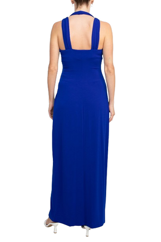 Connected Apparel Crossed Neck Sleeveless Jewelry Front Detail Ruched Empire Waist Solid Jersey Dress - DCL - Back
